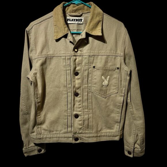 Playboy by Pacsun Men’s Beige Denim, Corduroy Collar Trucker Jacket  Size SMALL - Picture 2 of 12